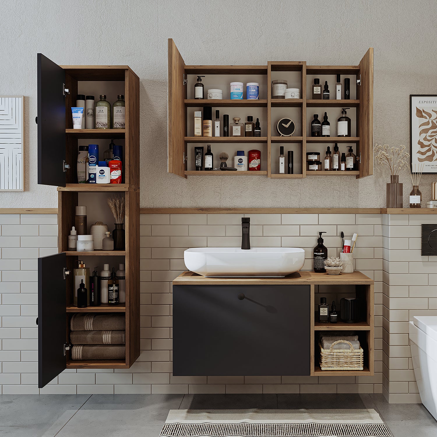 Roomart Badezimmermöbel Set LOTUS 95 cm 4 Teilig mit Keramik Waschbecken - badezimmerschrank, waschbecken, badezimmermöbel, badschrank, badezimmer, mit, unterschrank, badmöbel, set, waschtisch, möbel, badezimmermãbel, bad, badezimmerschränke, schmal, schm