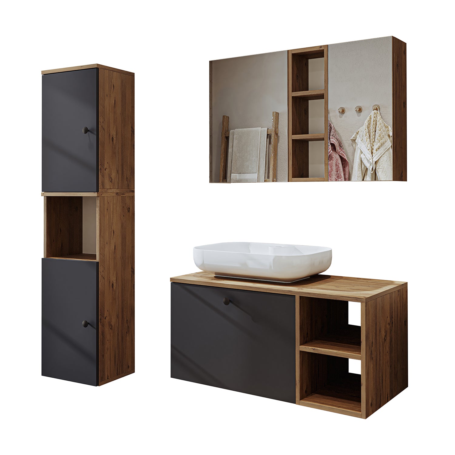 Roomart Badezimmermöbel Set LOTUS 95 cm 4 Teilig mit Keramik Waschbecken - badezimmerschrank, waschbecken, badezimmermöbel, badschrank, badezimmer, mit, unterschrank, badmöbel, set, waschtisch, möbel, badezimmermãbel, bad, badezimmerschränke, schmal, schm