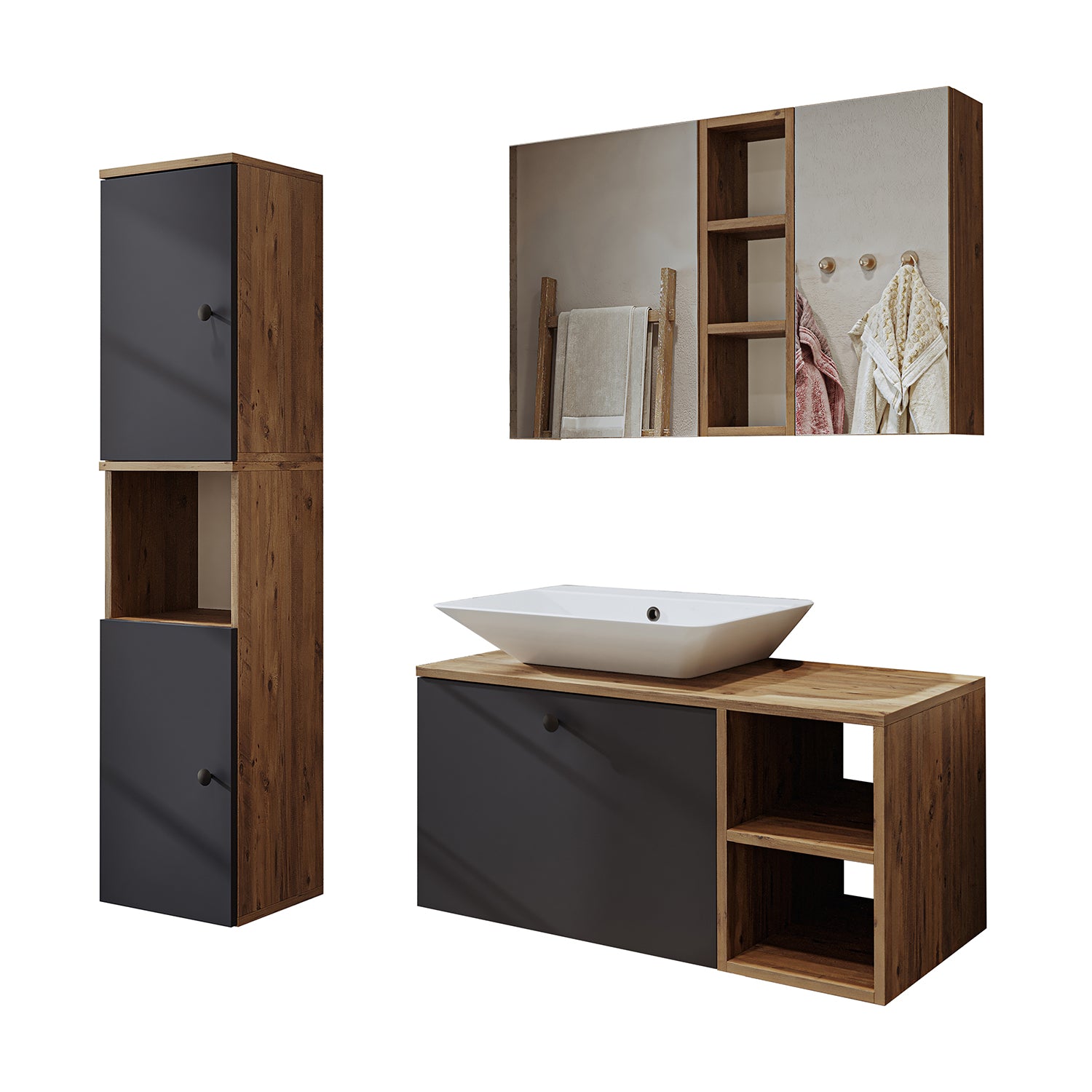 Roomart Badezimmermöbel Set LOTUS 95 cm 4 Teilig mit Keramik Waschbecken - badezimmerschrank, waschbecken, badezimmermöbel, badschrank, badezimmer, mit, unterschrank, badmöbel, set, waschtisch, möbel, badezimmermãbel, bad, badezimmerschränke, schmal, schm
