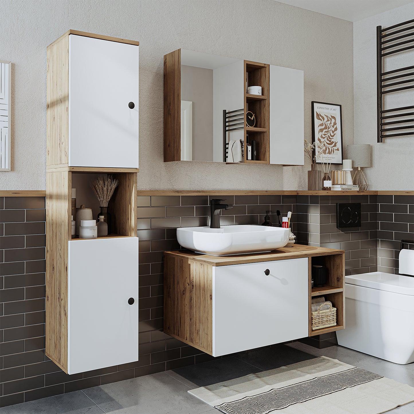 Roomart Badezimmermöbel Set LOTUS 95 cm 4 Teilig mit Keramik Waschbecken - badezimmerschrank, waschbecken, badezimmermöbel, badschrank, badezimmer, mit, unterschrank, badmöbel, set, waschtisch, möbel, badezimmermãbel, bad, badezimmerschränke, schmal, schm