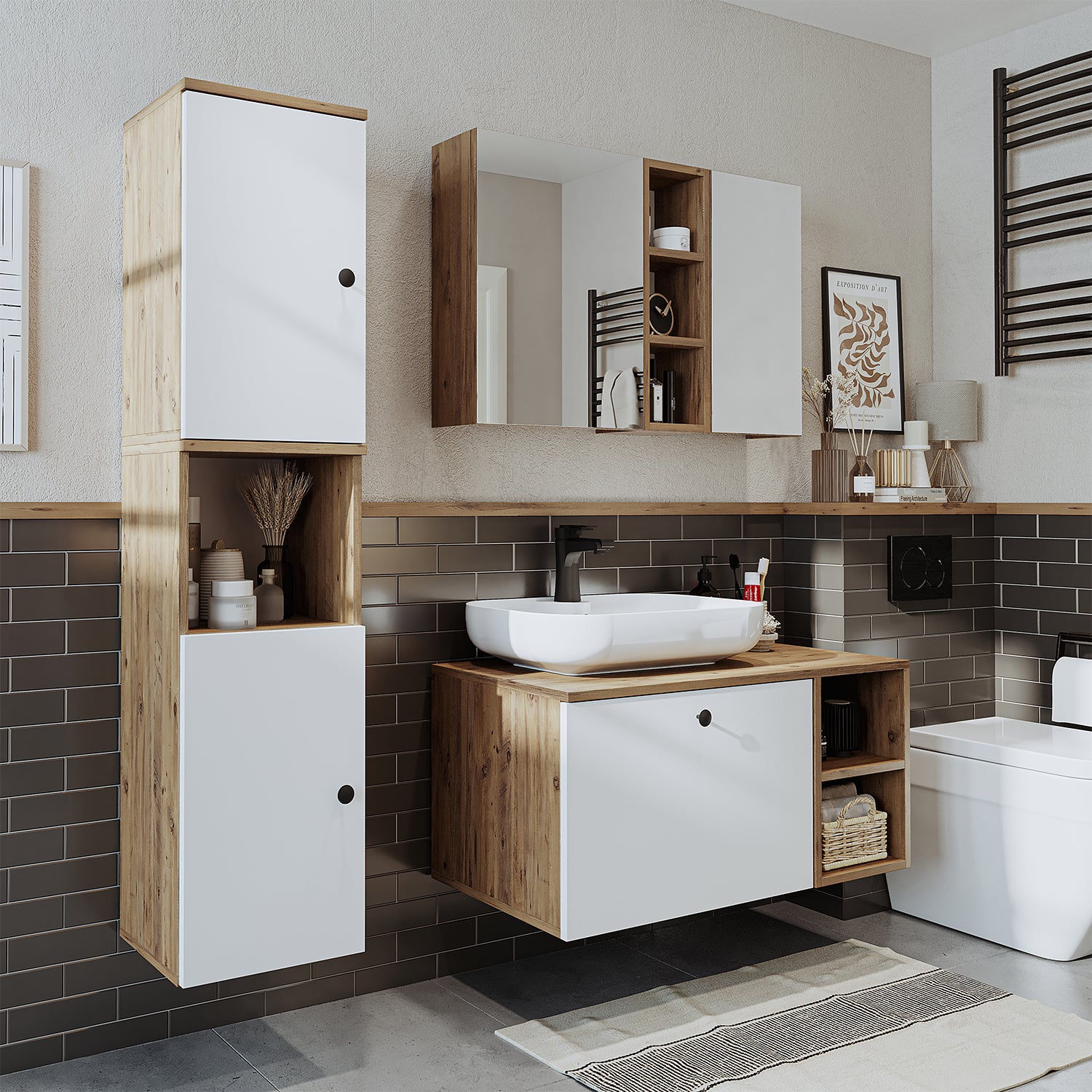 Roomart Badezimmermöbel Set LOTUS 95 cm 4 Teilig mit Keramik Waschbecken - badezimmerschrank, waschbecken, badezimmermöbel, badschrank, badezimmer, mit, unterschrank, badmöbel, set, waschtisch, möbel, badezimmermãbel, bad, badezimmerschränke, schmal, schm