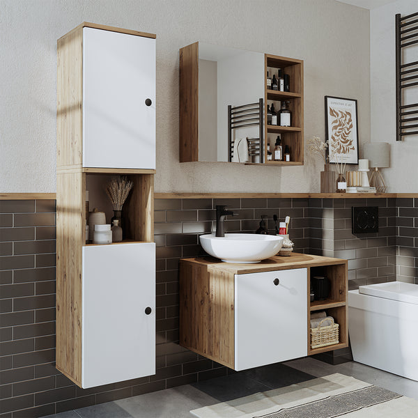 Roomart Badmöbel Set LOTUS 75 cm – 4-teiliges Badezimmermöbel mit Keramik-Waschbecken, Unterschrank, Spiegelschrank & Hochschrank – Modernes Design