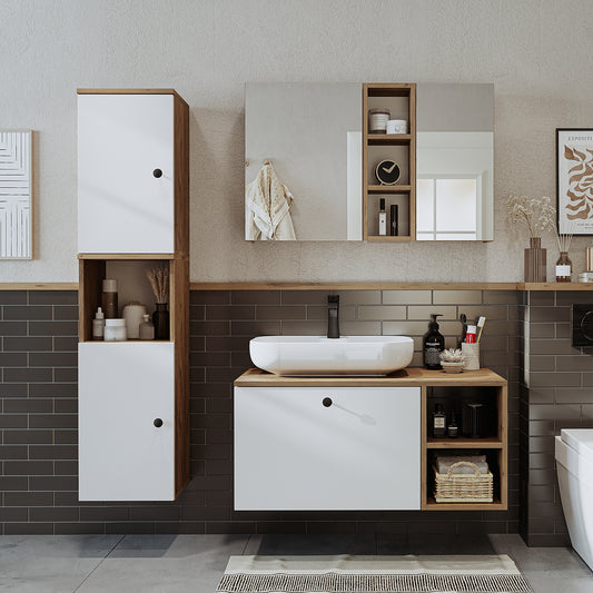 Roomart Badezimmermöbel Set LOTUS 95 cm 4 Teilig mit Keramik Waschbecken - badezimmerschrank, waschbecken, badezimmermöbel, badschrank, badezimmer, mit, unterschrank, badmöbel, set, waschtisch, möbel, badezimmermãbel, bad, badezimmerschränke, schmal, schm