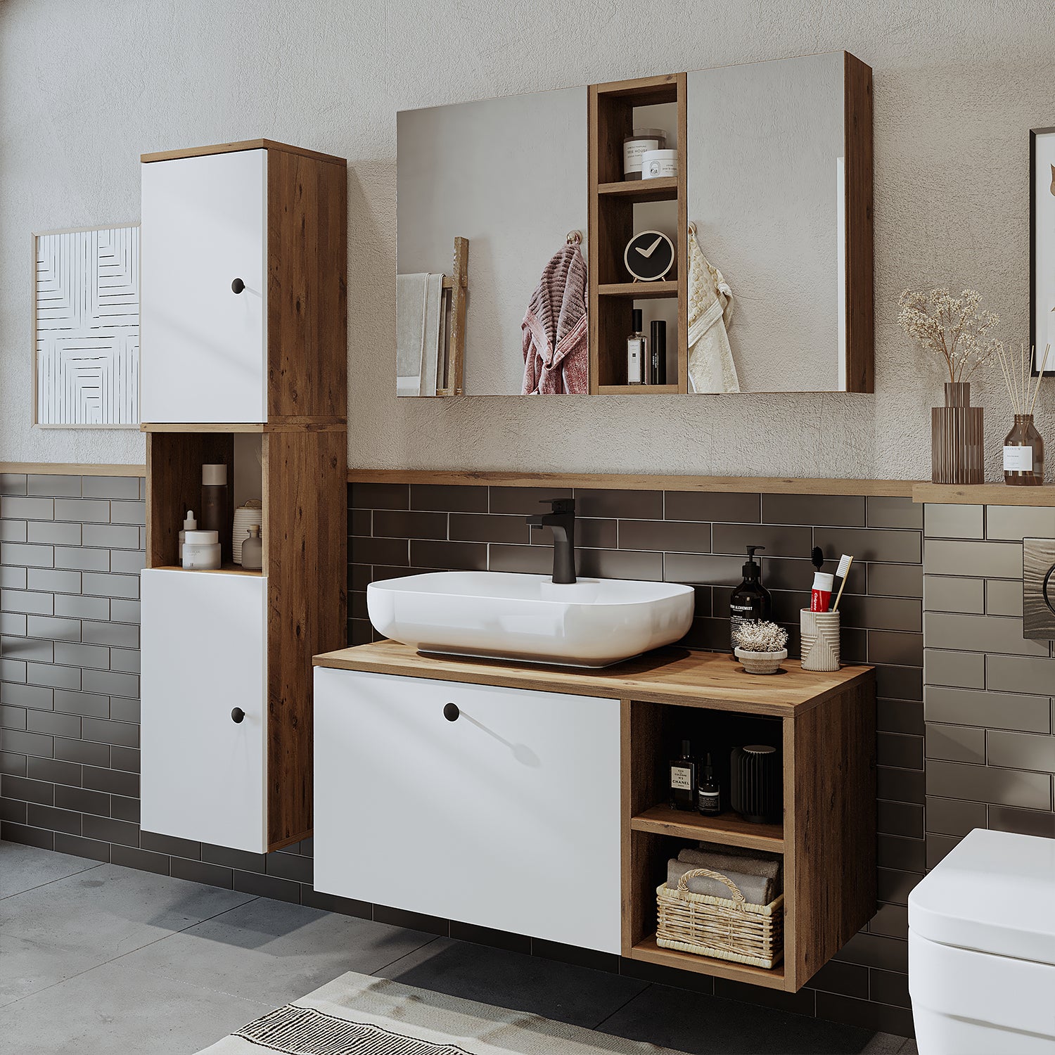 Roomart Badezimmermöbel Set LOTUS 95 cm 4 Teilig mit Keramik Waschbecken - badezimmerschrank, waschbecken, badezimmermöbel, badschrank, badezimmer, mit, unterschrank, badmöbel, set, waschtisch, möbel, badezimmermãbel, bad, badezimmerschränke, schmal, schm