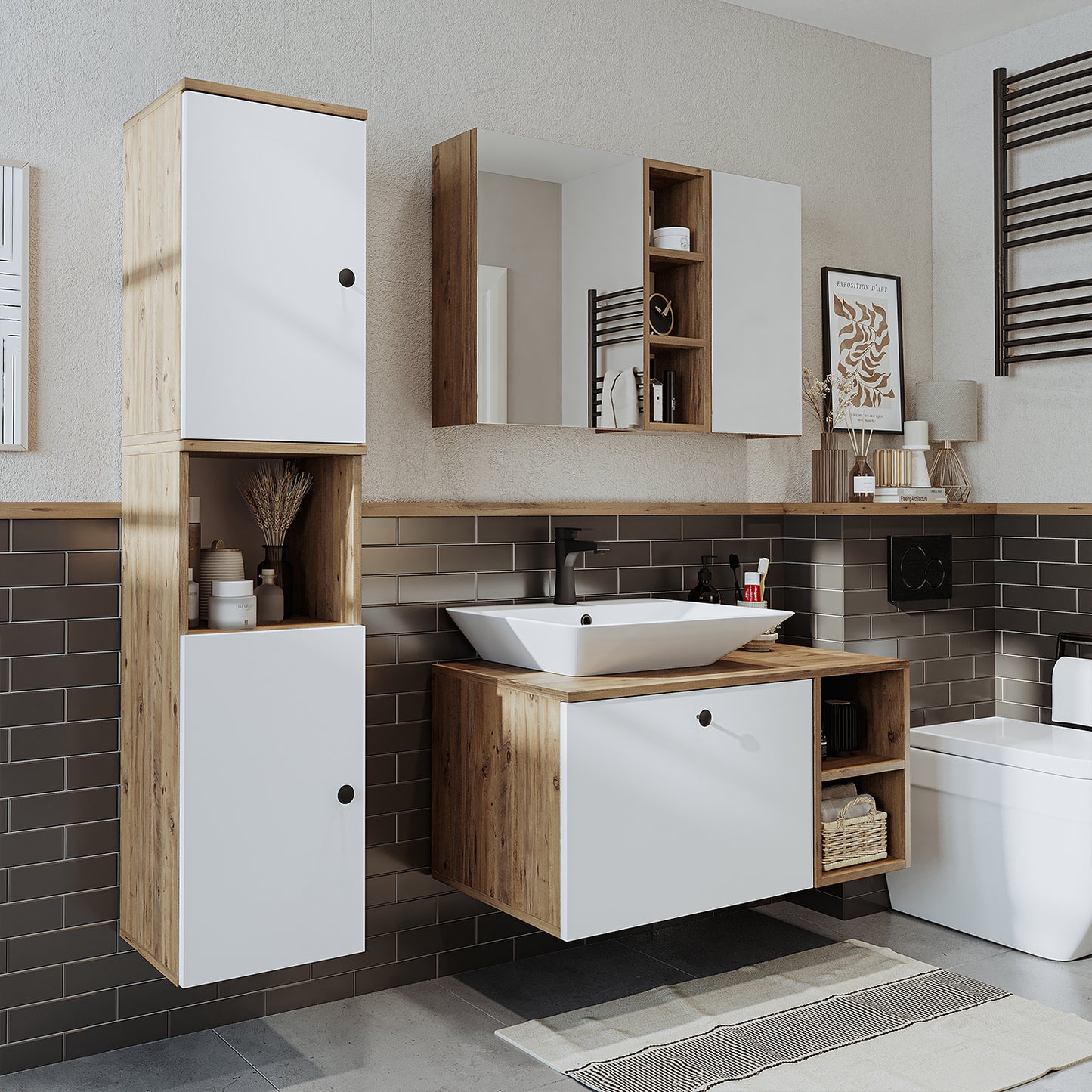 Roomart Badezimmermöbel Set LOTUS 95 cm 4 Teilig mit Keramik Waschbecken - badezimmerschrank, waschbecken, badezimmermöbel, badschrank, badezimmer, mit, unterschrank, badmöbel, set, waschtisch, möbel, badezimmermãbel, bad, badezimmerschränke, schmal, schm