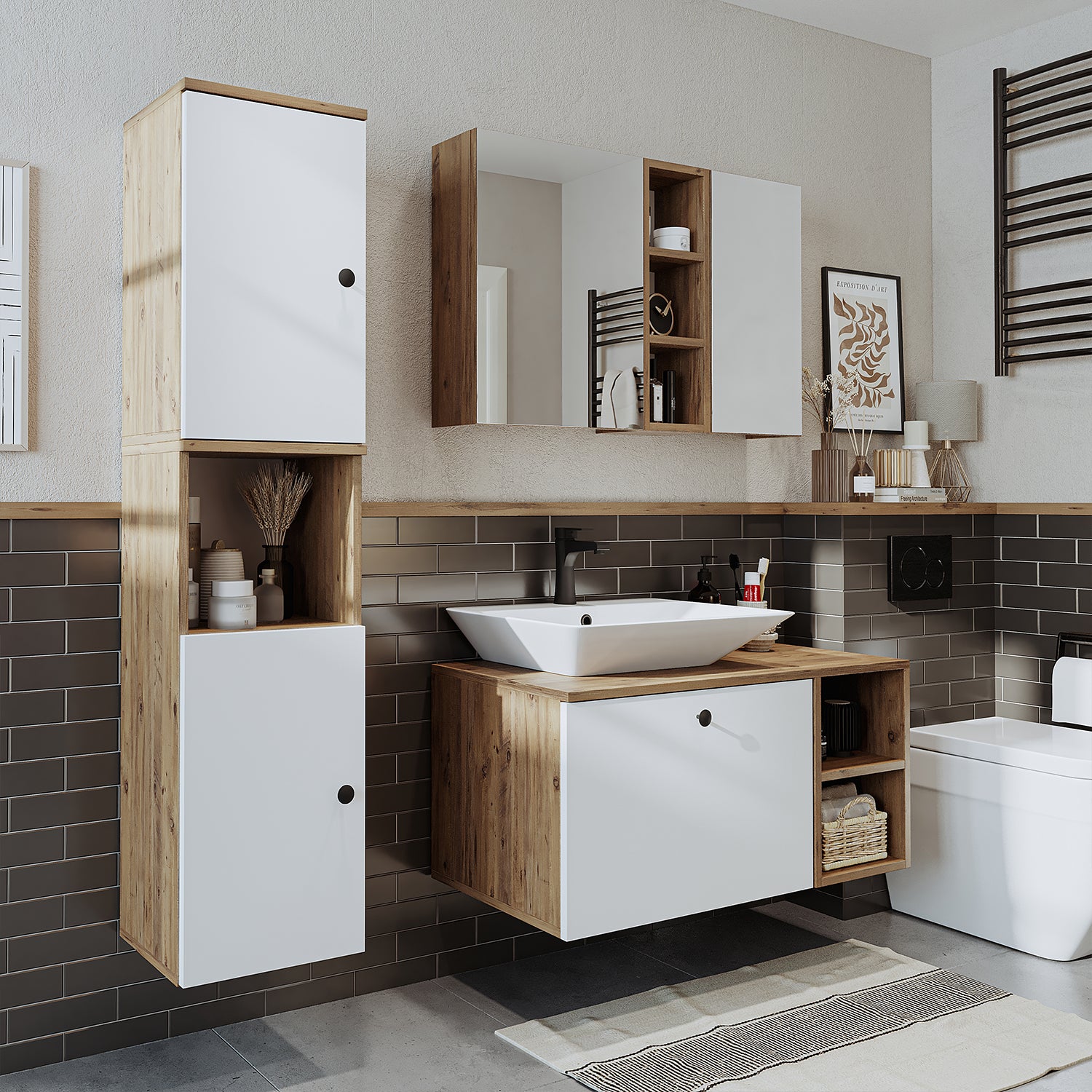 Roomart Badezimmermöbel Set LOTUS 95 cm 4 Teilig mit Keramik Waschbecken - badezimmerschrank, waschbecken, badezimmermöbel, badschrank, badezimmer, mit, unterschrank, badmöbel, set, waschtisch, möbel, badezimmermãbel, bad, badezimmerschränke, schmal, schm