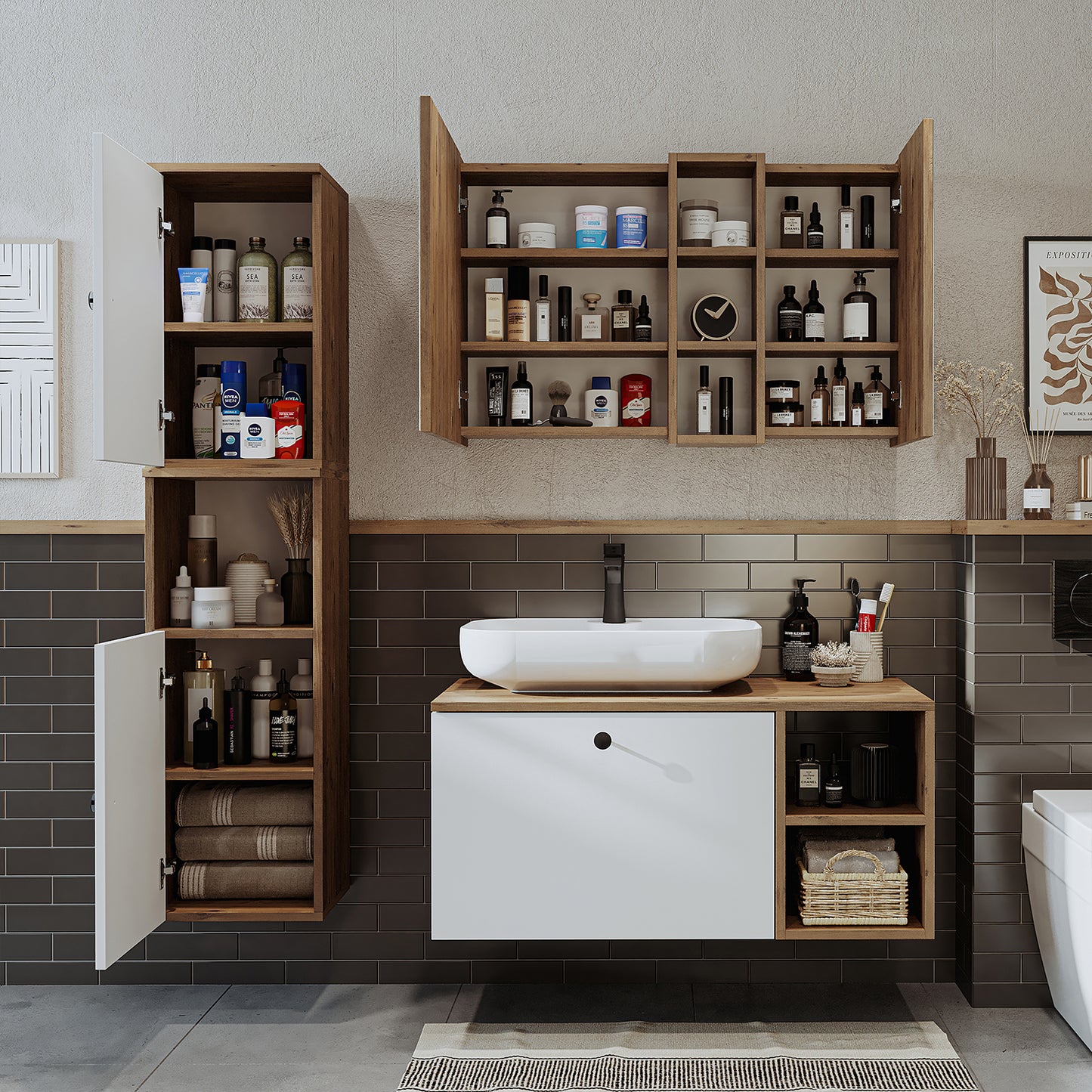 Roomart Badezimmermöbel Set LOTUS 95 cm 4 Teilig mit Keramik Waschbecken - badezimmerschrank, waschbecken, badezimmermöbel, badschrank, badezimmer, mit, unterschrank, badmöbel, set, waschtisch, möbel, badezimmermãbel, bad, badezimmerschränke, schmal, schm