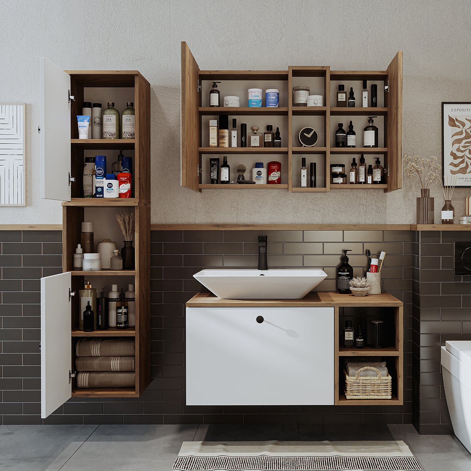 Roomart Badezimmermöbel Set LOTUS 95 cm 4 Teilig mit Keramik Waschbecken - badezimmerschrank, waschbecken, badezimmermöbel, badschrank, badezimmer, mit, unterschrank, badmöbel, set, waschtisch, möbel, badezimmermãbel, bad, badezimmerschränke, schmal, schm