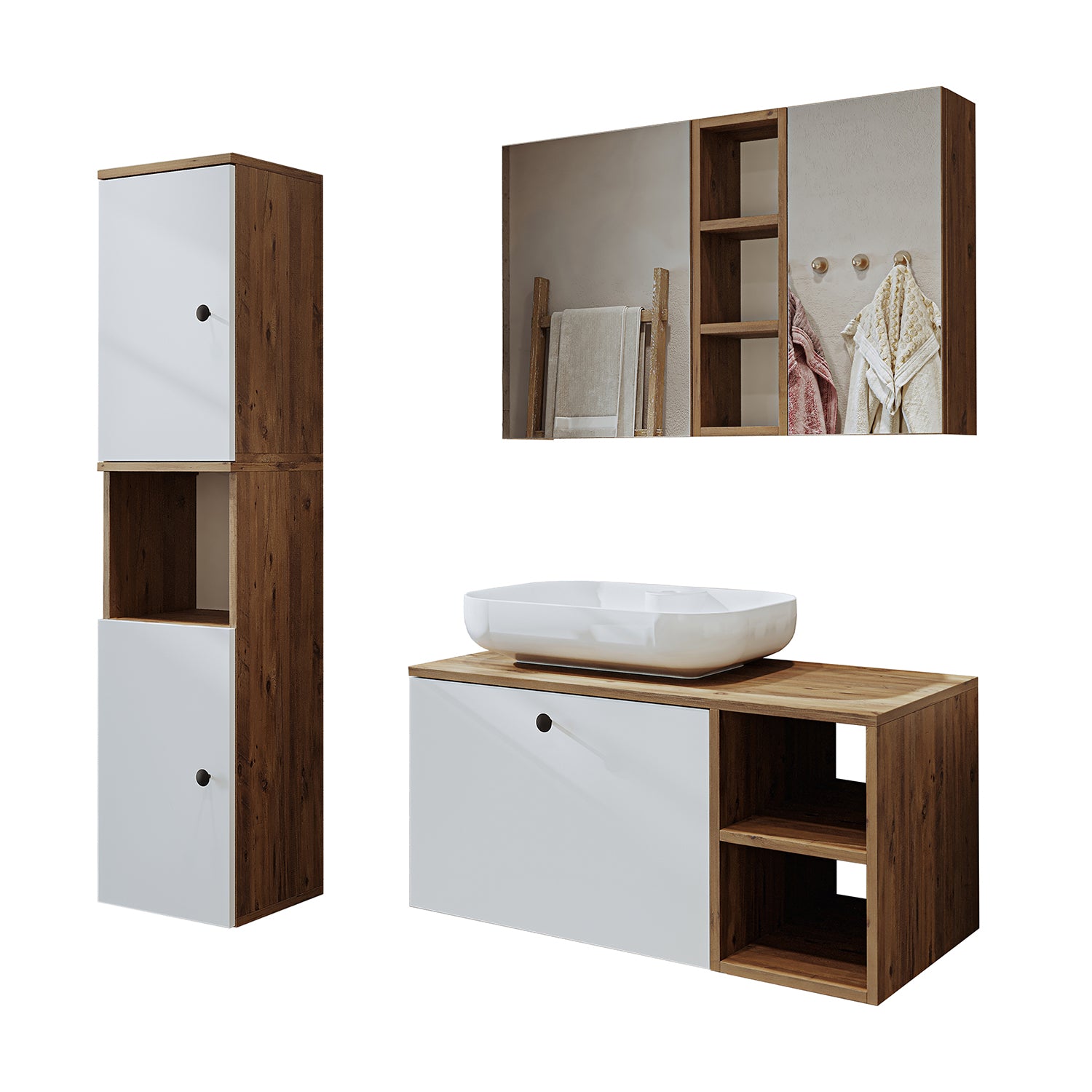 Roomart Badezimmermöbel Set LOTUS 95 cm 4 Teilig mit Keramik Waschbecken - badezimmerschrank, waschbecken, badezimmermöbel, badschrank, badezimmer, mit, unterschrank, badmöbel, set, waschtisch, möbel, badezimmermãbel, bad, badezimmerschränke, schmal, schm