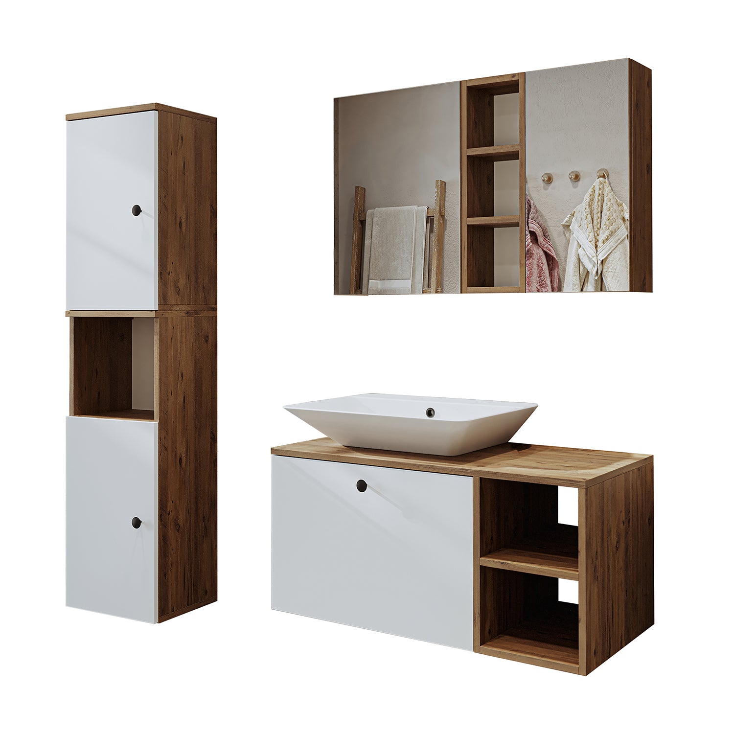 Roomart Badezimmermöbel Set LOTUS 95 cm 4 Teilig mit Keramik Waschbecken - badezimmerschrank, waschbecken, badezimmermöbel, badschrank, badezimmer, mit, unterschrank, badmöbel, set, waschtisch, möbel, badezimmermãbel, bad, badezimmerschränke, schmal, schm