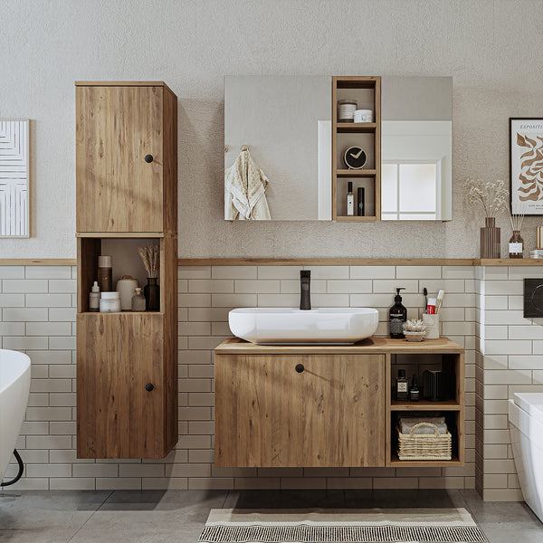 Roomart Badezimmermöbel Set LOTUS 95 cm – 4-teiliges Badmöbel-Set mit ovalem Keramik-Waschbecken – Waschbeckenunterschrank, Spiegelschrank & Hochschrank – Modernes Design