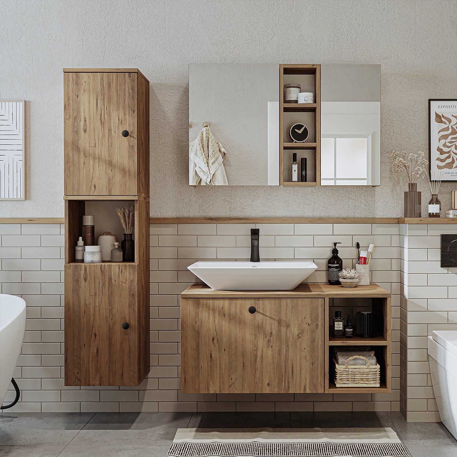 Roomart Badezimmermöbel Set LOTUS 95 cm 4 Teilig mit Keramik Waschbecken - badezimmerschrank, waschbecken, badezimmermöbel, badschrank, badezimmer, mit, unterschrank, badmöbel, set, waschtisch, möbel, badezimmermãbel, bad, badezimmerschränke, schmal, schm
