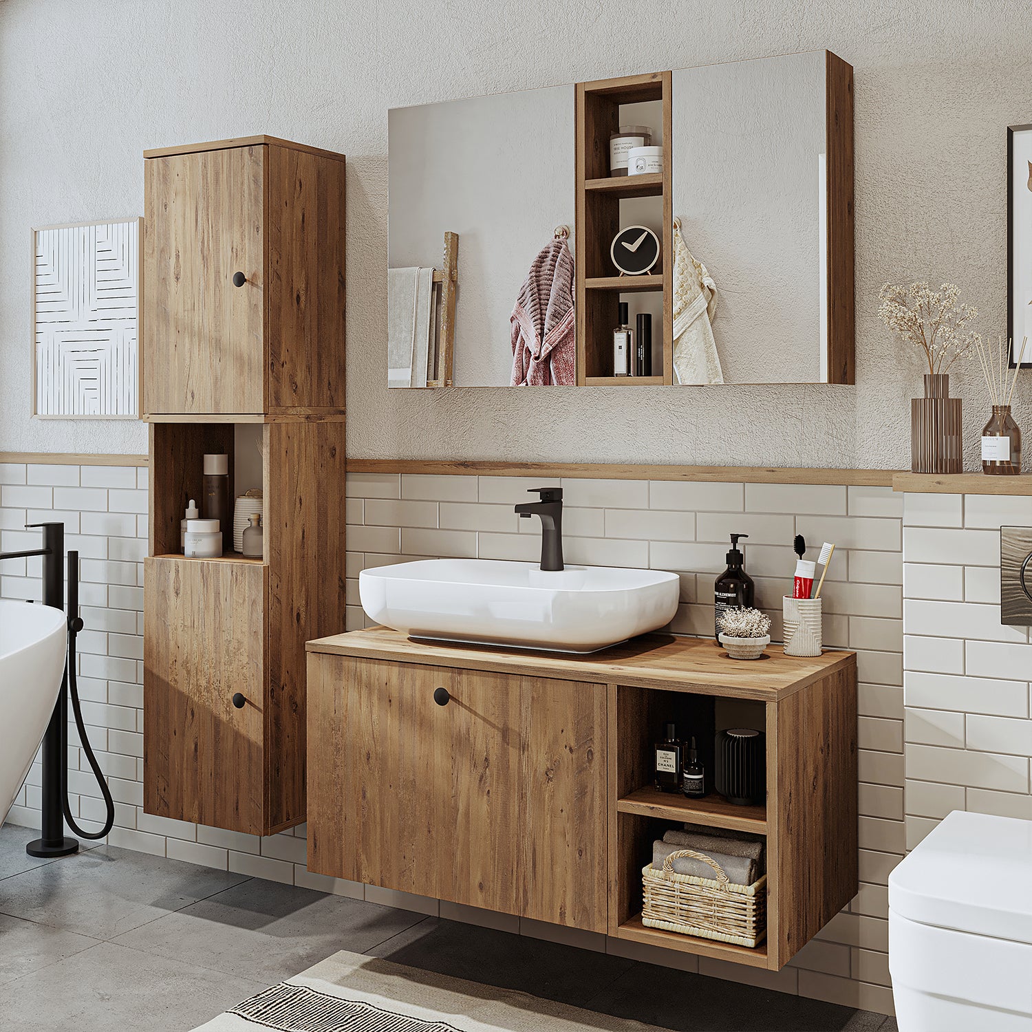 Roomart Badezimmermöbel Set LOTUS 95 cm 4 Teilig mit Keramik Waschbecken - badezimmerschrank, waschbecken, badezimmermöbel, badschrank, badezimmer, mit, unterschrank, badmöbel, set, waschtisch, möbel, badezimmermãbel, bad, badezimmerschränke, schmal, schm