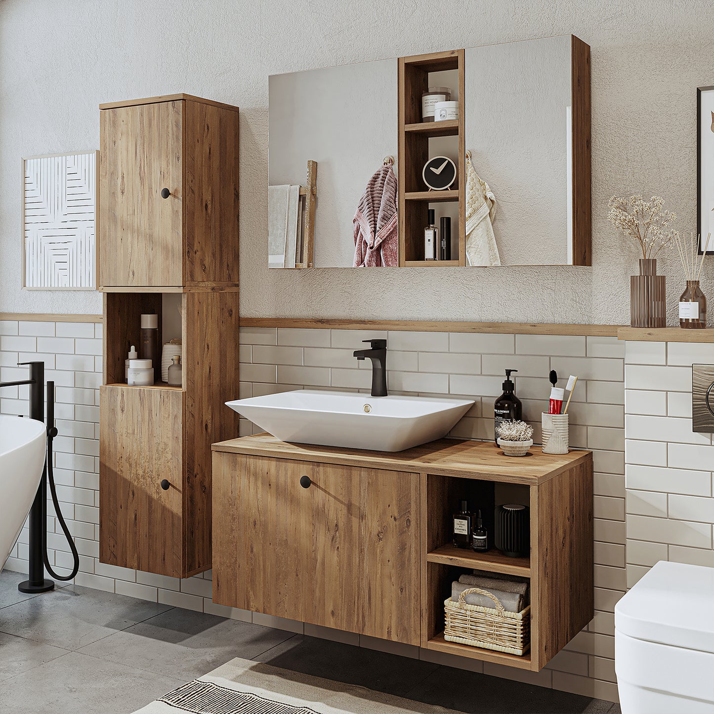 Roomart Badezimmermöbel Set LOTUS 95 cm 4 Teilig mit Keramik Waschbecken - badezimmerschrank, waschbecken, badezimmermöbel, badschrank, badezimmer, mit, unterschrank, badmöbel, set, waschtisch, möbel, badezimmermãbel, bad, badezimmerschränke, schmal, schm