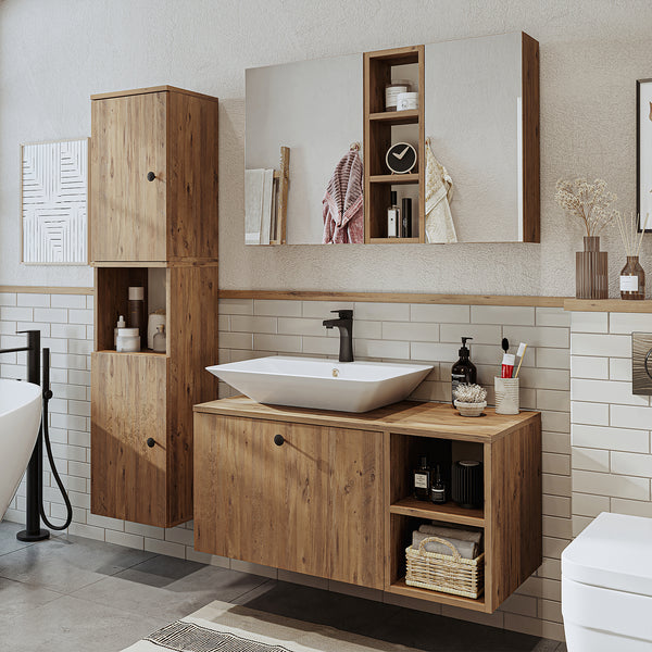 Roomart Badmöbel Set LOTUS 95 cm – 4-teiliges Badezimmermöbel mit Keramik-Waschbecken, Spiegelschrank & Hochschrank – Modernes Design