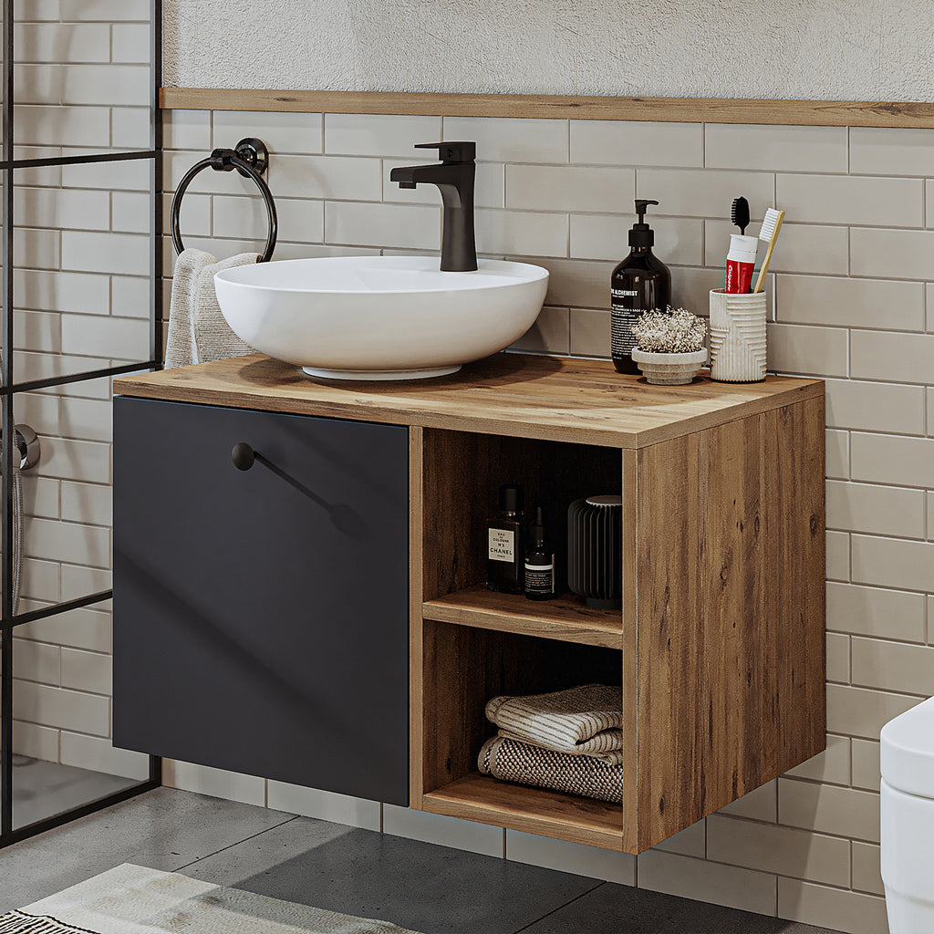 Roomart Badezimmermöbel LOTUS 75 cm – Keramik Waschbecken &/oder Unterschrank – Modernes Design – Varianten wählbar – Weiß-Eiche, Eiche oder Anthrazit-Eiche - badezimmerschrank, waschbecken, badezimmermöbel, badschrank, badezimmer, mit, unterschrank, badm