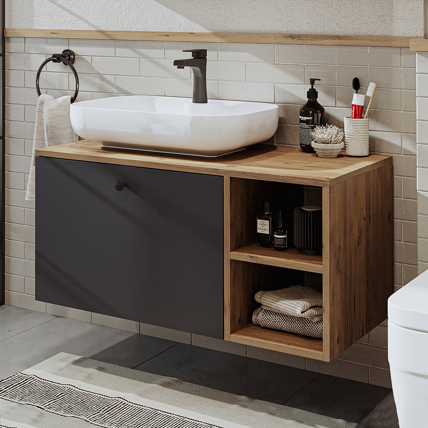 Roomart Badezimmermöbel LOTUS II- 95 cm – Keramik Waschbecken &/oder Unterschrank – Modernes Design – Varianten wählbar – Weiß-Eiche, Eiche oder Anthrazit-Eiche