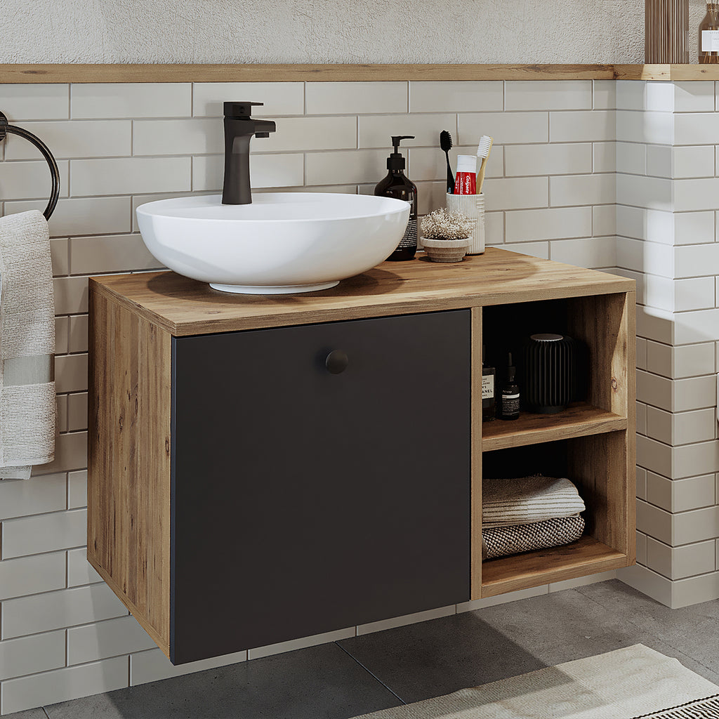 Roomart Badezimmermöbel LOTUS 75 cm – Keramik Waschbecken &/oder Unterschrank – Modernes Design – Varianten wählbar – Weiß-Eiche, Eiche oder Anthrazit-Eiche - badezimmerschrank, waschbecken, badezimmermöbel, badschrank, badezimmer, mit, unterschrank, badm