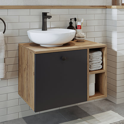 Roomart Badezimmermöbel LOTUS 65 cm – Keramik Waschbecken &/oder Unterschrank – Modernes Design – Varianten wählbar – Weiß-Eiche, Eiche oder Anthrazit-Eiche