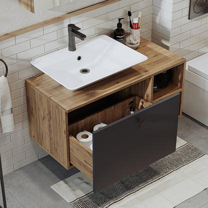 Roomart Badezimmermöbel LOTUS I - 95 cm – Keramik Waschbecken &/oder Unterschrank – Modernes Design – Varianten wählbar – Weiß-Eiche, Eiche oder Anthrazit-Eiche