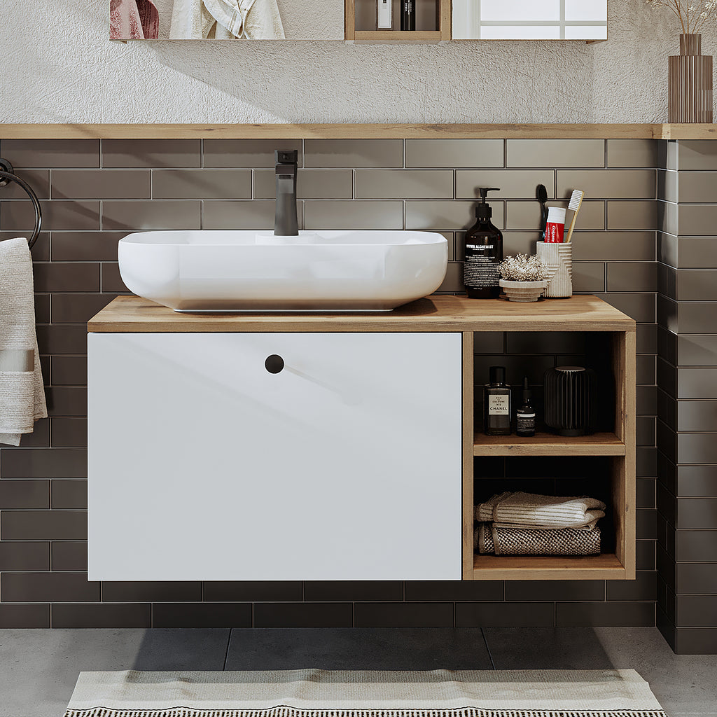 Roomart Badezimmermöbel LOTUS II- 95 cm – Keramik Waschbecken &/oder Unterschrank – Modernes Design – Varianten wählbar – Weiß-Eiche, Eiche oder Anthrazit-Eiche - badezimmerschrank, waschbecken, badezimmermöbel, badschrank, badezimmer, mit, unterschrank, 