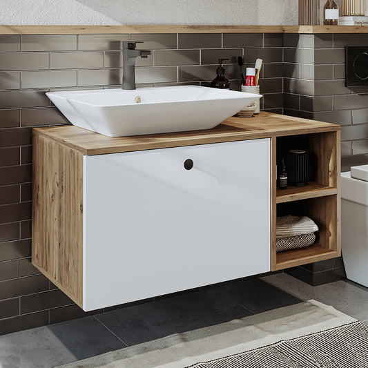 Roomart Badezimmermöbel LOTUS I - 95 cm – Keramik Waschbecken &/oder Unterschrank – Modernes Design – Varianten wählbar – Weiß-Eiche, Eiche oder Anthrazit-Eiche