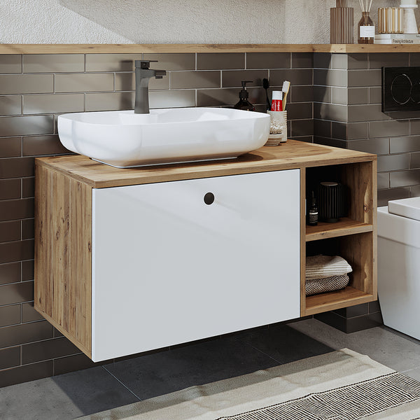 Roomart Badezimmermöbel LOTUS II- 95 cm – Keramik Waschbecken &/oder Unterschrank – Modernes Design – Varianten wählbar – Weiß-Eiche, Eiche oder Anthrazit-Eiche