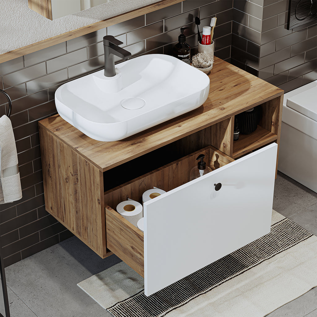 Roomart Badezimmermöbel LOTUS II- 95 cm – Keramik Waschbecken &/oder Unterschrank – Modernes Design – Varianten wählbar – Weiß-Eiche, Eiche oder Anthrazit-Eiche - badezimmerschrank, waschbecken, badezimmermöbel, badschrank, badezimmer, mit, unterschrank, 