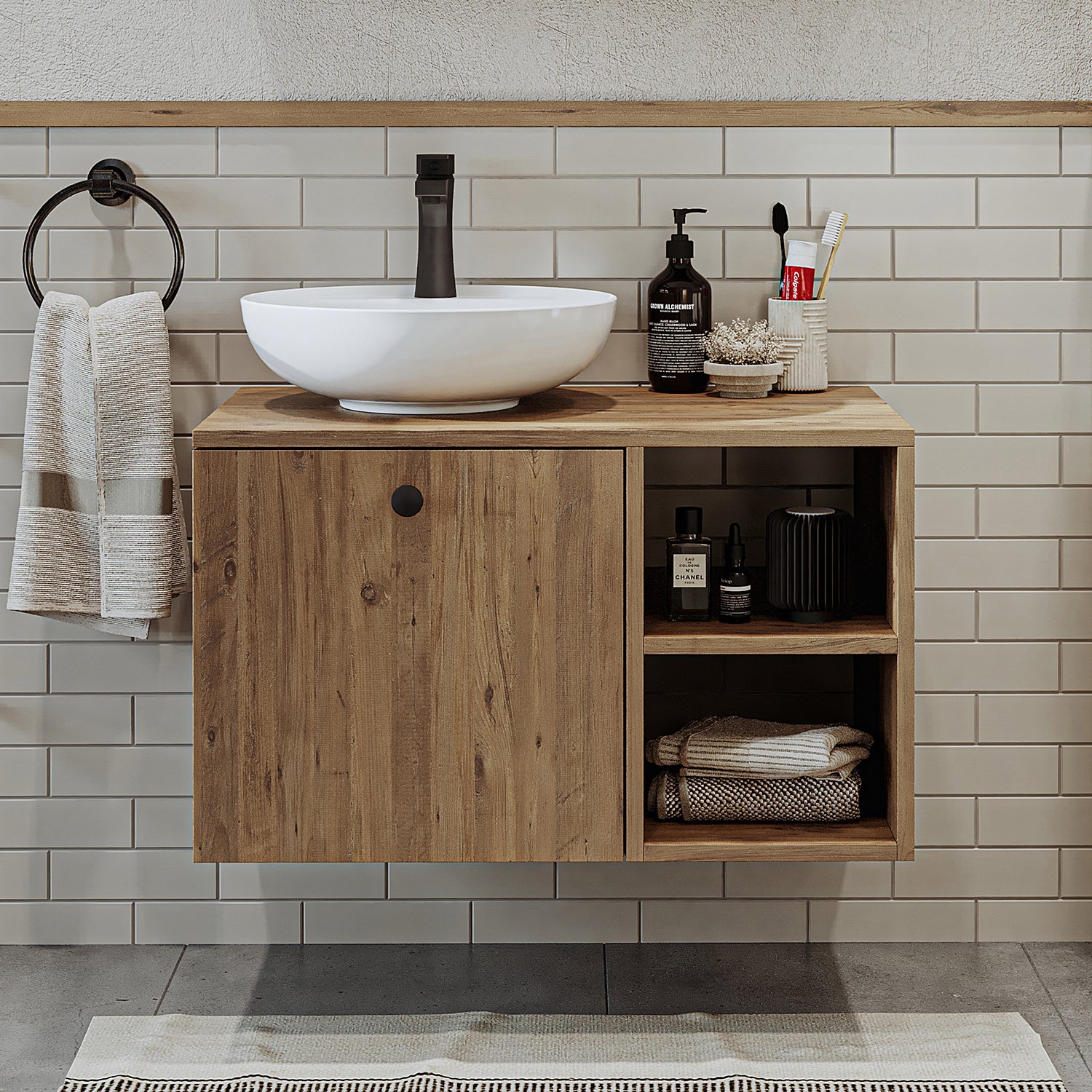 Roomart Badezimmermöbel LOTUS 75 cm – Keramik Waschbecken &/oder Unterschrank – Modernes Design – Varianten wählbar – Weiß-Eiche, Eiche oder Anthrazit-Eiche - badezimmerschrank, waschbecken, badezimmermöbel, badschrank, badezimmer, mit, unterschrank, badm