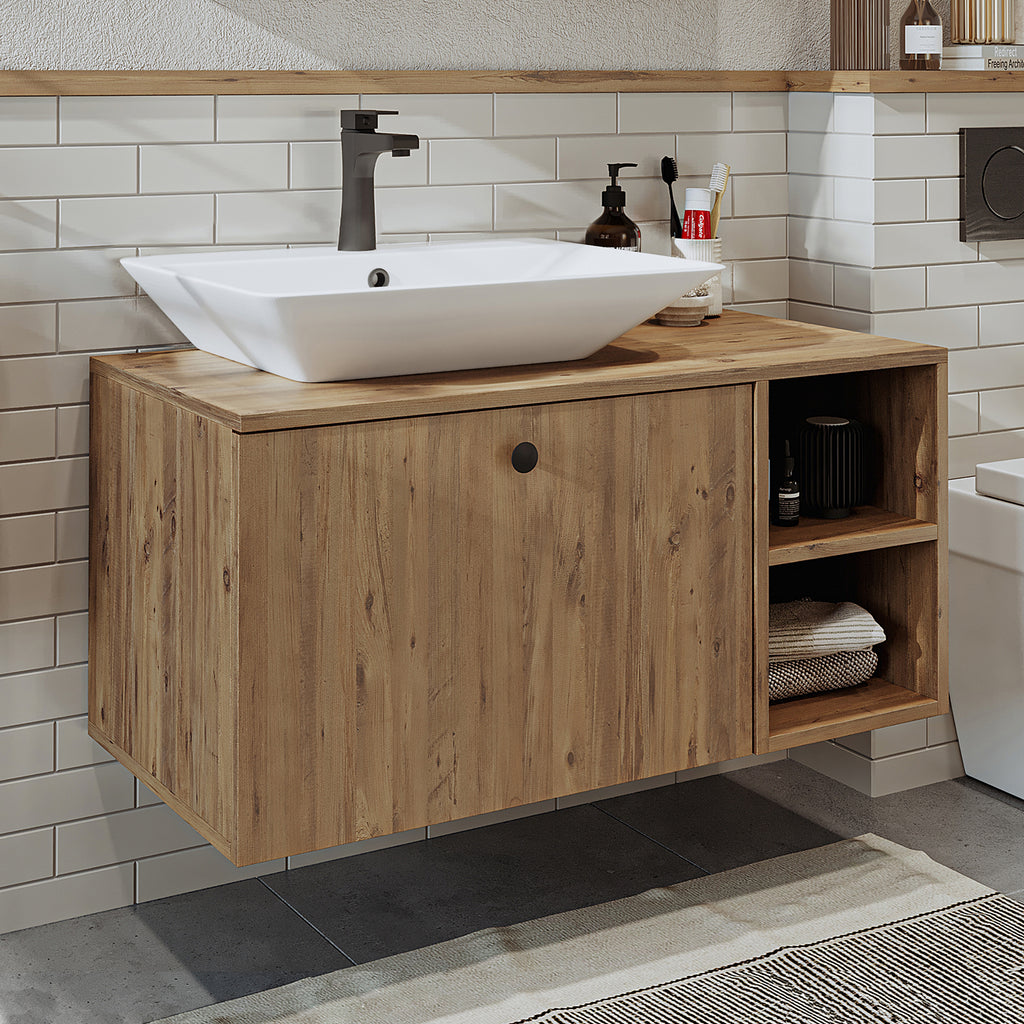 Roomart Badezimmermöbel LOTUS I - 95 cm – Keramik Waschbecken &/oder Unterschrank – Modernes Design – Varianten wählbar – Weiß-Eiche, Eiche oder Anthrazit-Eiche-badezimmerschrank, waschbecken, badezimmermöbel, badschrank, badezimmer, mit, unterschrank, ba