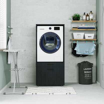 Roomart • Waschmachinenschrank für Hauswirtschaftsraum • HBT: 145x67x66,8 cm • Mit Schubladen und Ausziehbrett • Weiß • Schwarz eiche  • Eiche