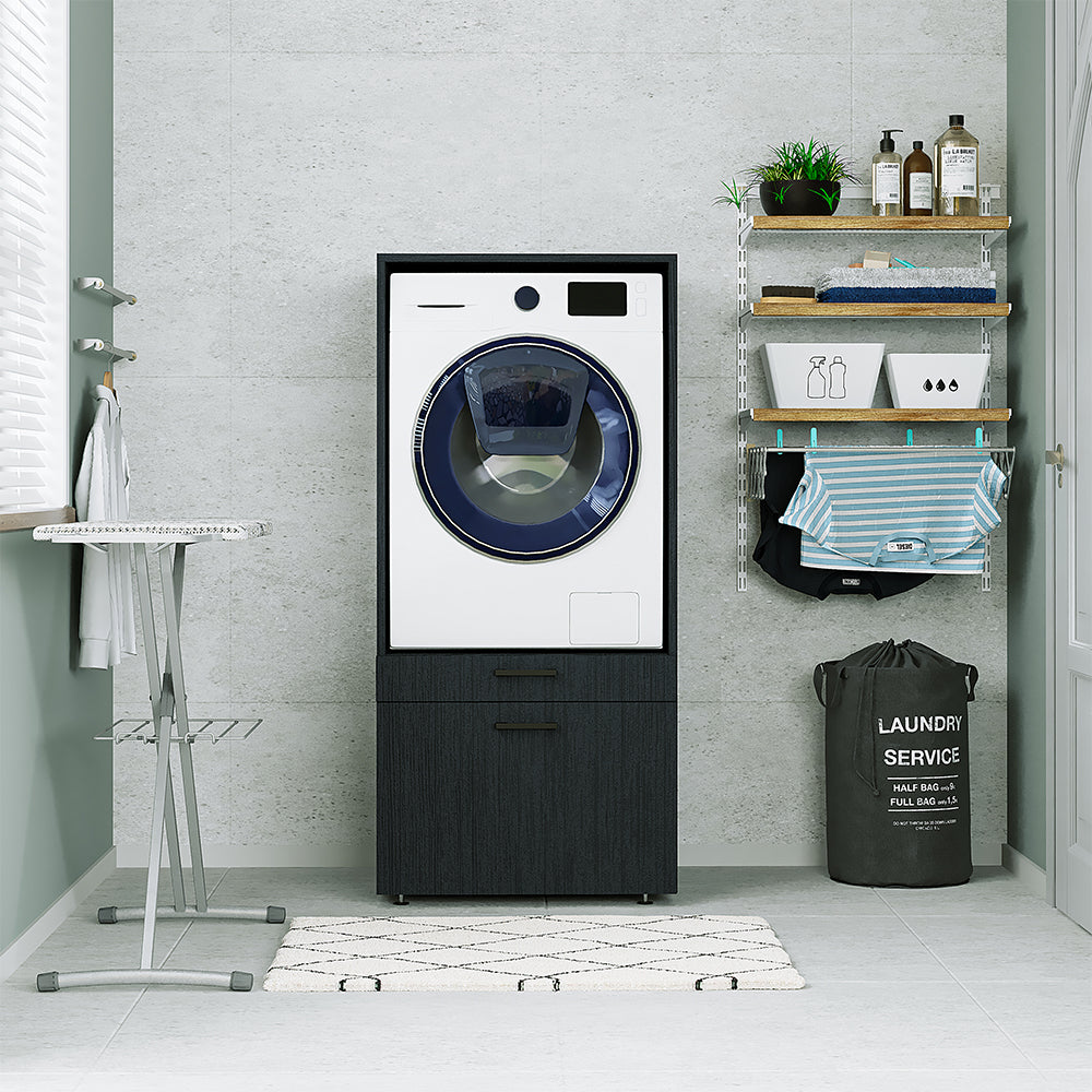 Roomart • Waschmachinenschrank für Hauswirtschaftsraum • HBT: 145x67x66,8 cm • Mit Schubladen und Ausziehbrett • Weiß • Schwarz eiche  • Eiche