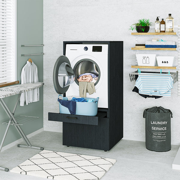 Roomart Waschmaschinenschrank für Hauswirtschaftsraum – SERIE 2 - Überbauschrank mit Schublade & Ausziehbrett, 145 × 67 × 66,8 cm – Weiß / Schwarz-Eiche / Eiche