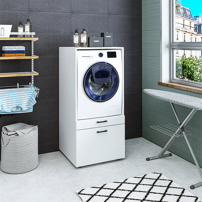 Roomart • Waschmachinenschrank für Hauswirtschaftsraum • HBT: 145x67x66,8 cm • Mit Schubladen und Ausziehbrett • Weiß • Schwarz eiche  • Eiche