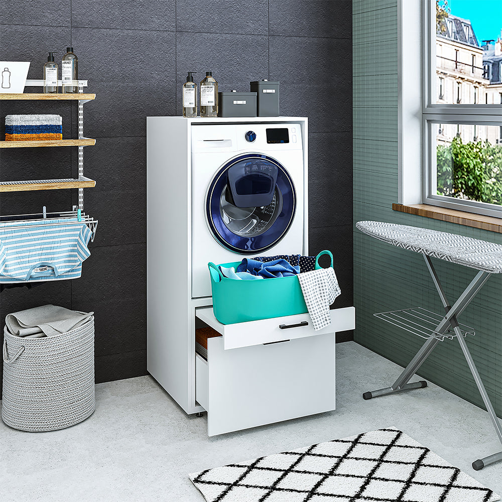 Roomart • Waschmachinenschrank für Hauswirtschaftsraum • HBT: 145x67x66,8 cm • Mit Schubladen und Ausziehbrett • Weiß • Schwarz eiche  • Eiche