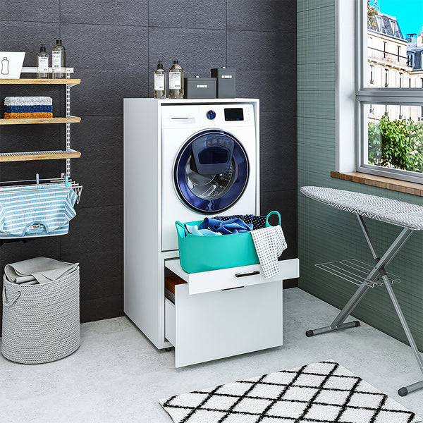 Roomart • Waschmachinenschrank für Hauswirtschaftsraum • HBT: 145x67x66,8 cm • Mit Schubladen und Ausziehbrett • Weiß • Schwarz eiche  • Eiche