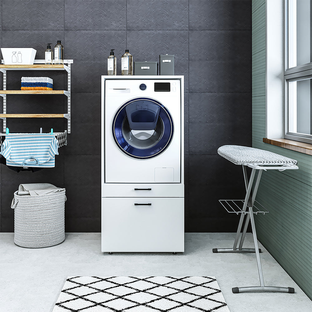 Roomart • Waschmachinenschrank für Hauswirtschaftsraum • HBT: 145x67x66,8 cm • Mit Schubladen und Ausziehbrett • Weiß • Schwarz eiche  • Eiche