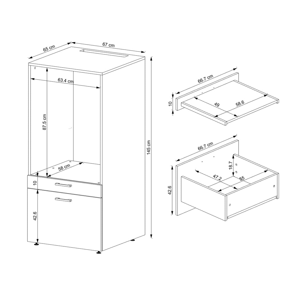 Roomart • Waschmachinenschrank für Hauswirtschaftsraum • HBT: 145x67x66,8 cm • Mit Schubladen und Ausziehbrett • Weiß • Schwarz eiche  • Eiche