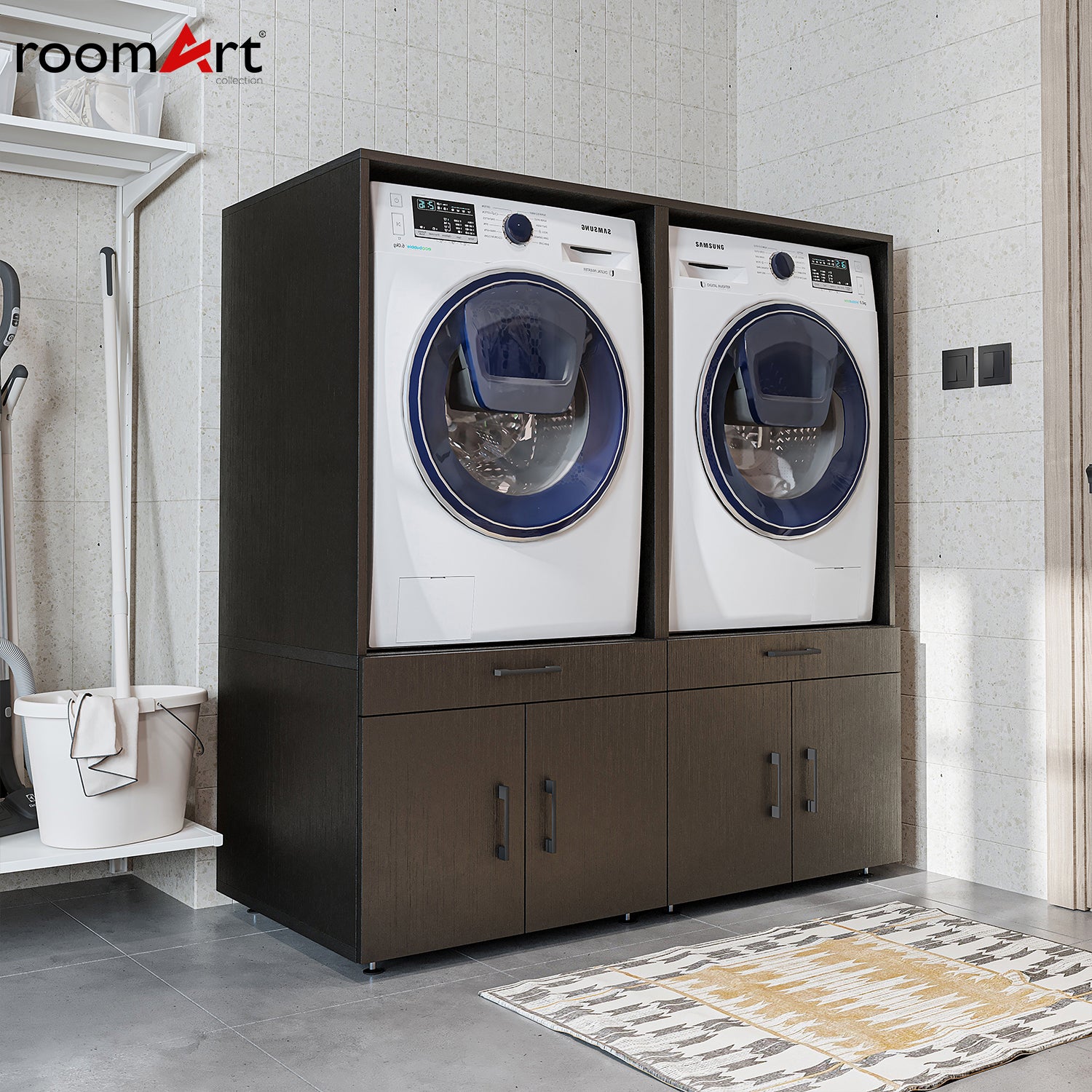 Waschmaschinenschrank SERIE 3 in Schwarz Eiche mit Oberschränken