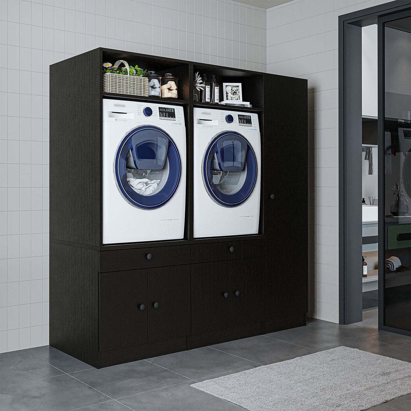 Roomart Waschmaschinenschrank Doppelschrank SERIE 3 – 179 cm breit, 2× Waschmaschine nebeneinander mit Ausziehbrett & Hochschrank – Waschküche & Hauswirtschaftsraum – Eiche / Schwarz-Eiche / Weiß
