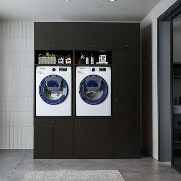 Roomart Schrankwand für Waschküche & Hauswirtschaftsraum – SERIE 1 – 179 cm breit – mit Ausziehbrett – Waschmaschinenschrank & Stauraumlösung – Weiß / Schwarz-Eiche
