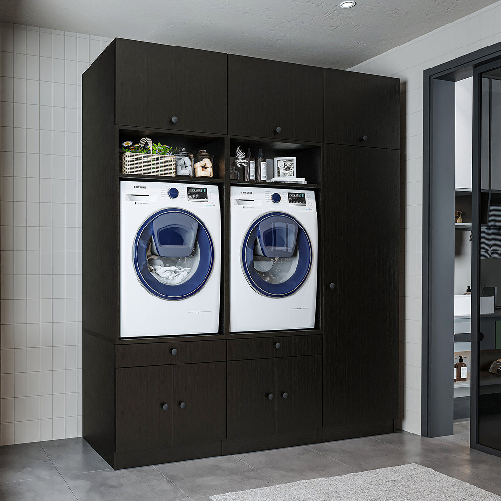 Mueble de pared Roomart para lavadero y cuarto de servicio, en 3 colores, con estante extraíble - blanco - roble negro - mueble para lavadora, estante para lavadora, torre para lavadora, mueble, blanco, lavadoras, mueble bajo, lavadora, secadora, mueble doméstico,