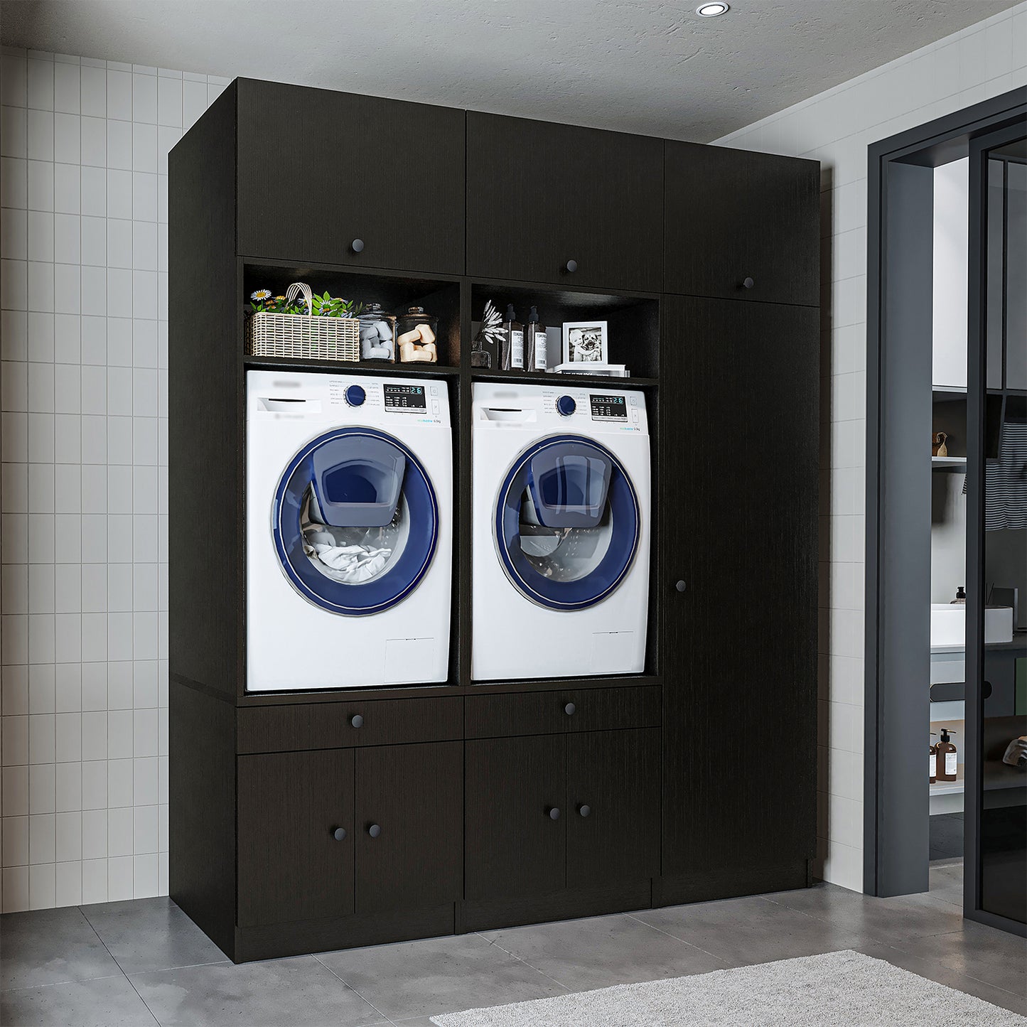 Roomart Schrankwand für Waschküche & Hauswirtschaftsraum - SERIE 1 - 114 cm breit, mit Ausziehbrett & Stauraum, Waschmaschinen-Schrankkombination, in 3 Farben (Weiß, Schwarz-Eiche)