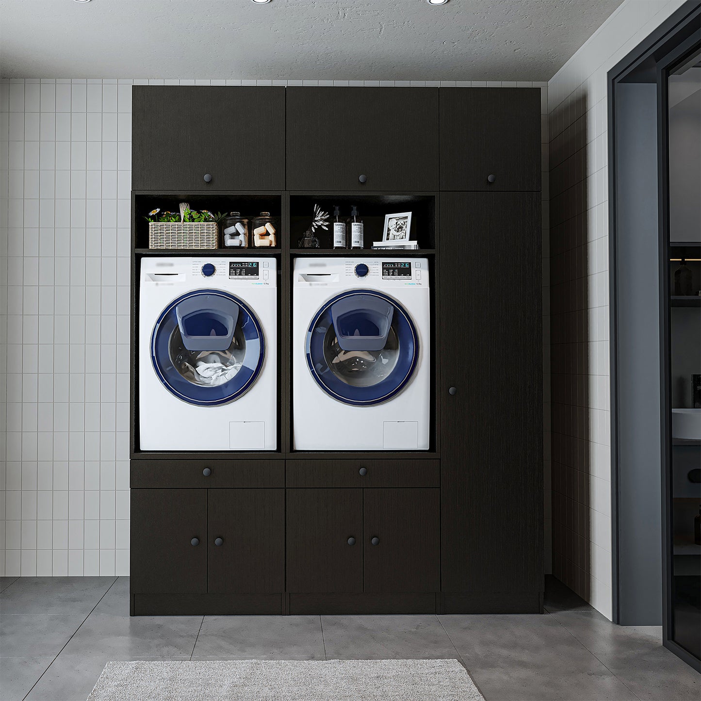Roomart Waschmaschinenschrank SERIE 3 – 179 cm breit, 2× Waschmaschine nebeneinander mit Klappschrank, Ausziehbrett & Hochschrank – Waschküche & Hauswirtschaftsraum – Eiche / Schwarz-Eiche / Weiß