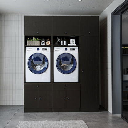 Roomart Waschmaschinenschrank SERIE 3 – 179 cm breit, 2× Waschmaschine nebeneinander mit Klappschrank, Ausziehbrett & Hochschrank – Waschküche & Hauswirtschaftsraum – Eiche / Schwarz-Eiche / Weiß