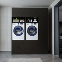 Roomart Waschmaschinenschrank SERIE 3 – 179 cm breit, 2× Waschmaschine nebeneinander mit Klappschrank, Ausziehbrett & Hochschrank – Waschküche & Hauswirtschaftsraum – Eiche / Schwarz-Eiche / Weiß