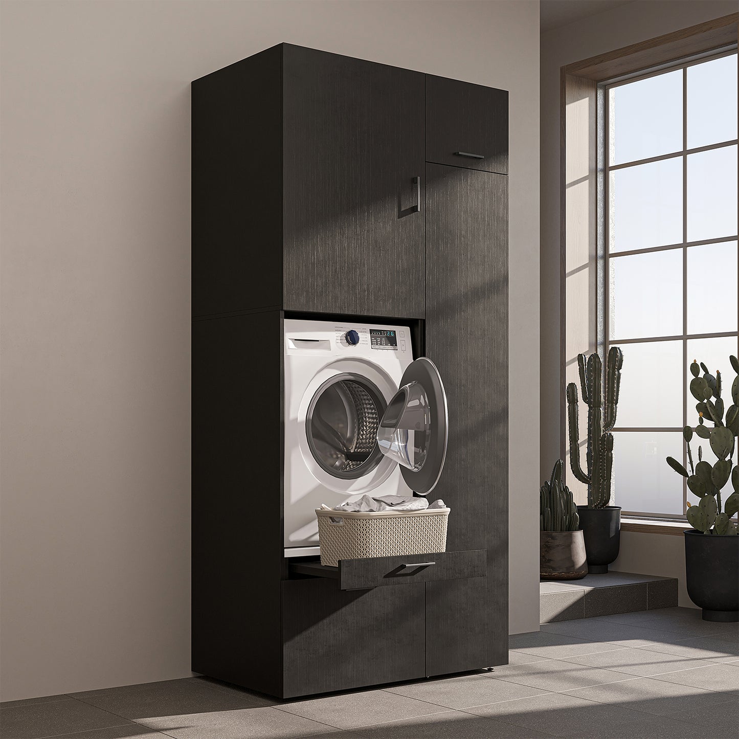 Roomart Waschmaschinenschrank mit Ausziehbrett, 112 cm breit - SERIE 2  – Waschmaschinenüberbau für Waschmaschine & Trockner, Waschturm-Schrank mit Stauraum für Bad & Waschküche