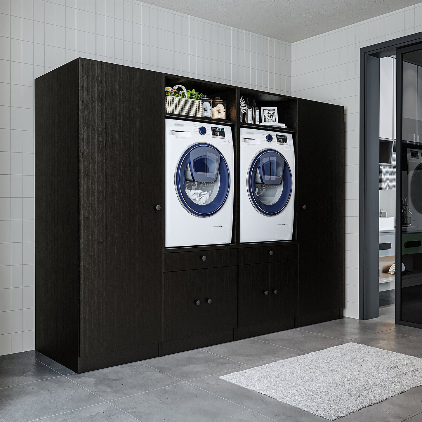 Roomart Schrankwand für Waschküche & Hauswirtschaftsraum – 254 cm breit – mit Ausziehbrett – in • Weiß •Eiche •Schwarz-Eiche