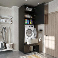 Roomart Waschmaschinenschrank mit Schrankaufsatz 95cm, HBT: 240x67x66,8 cm, Ausziehbrett, Eiche, Weiß, Schwarz eiche - waschmaschinenschrank, waschmaschinenregal, waschturm, schrank, weiß, waschmaschinen, unterschrank, waschmaschine, trockner, haushaltssc