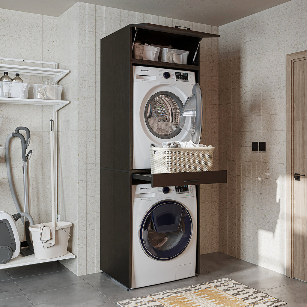 Roomart Waschmaschinenschrank für Trockner & Waschmaschine, in 3 Farben, mit Ausziehbrett • Weiß • Eiche • Schwarz Eiche - waschmaschinenuntergestelle, dämpfer waschmaschine, waschmaschinen aufsatz für trockner, unterschrank waschmaschine, kühlschrank erh